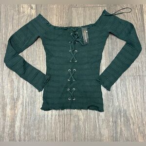 Ambiance Apparel Lace-Up Ribbed Off Shoulder Top  (Size Large)